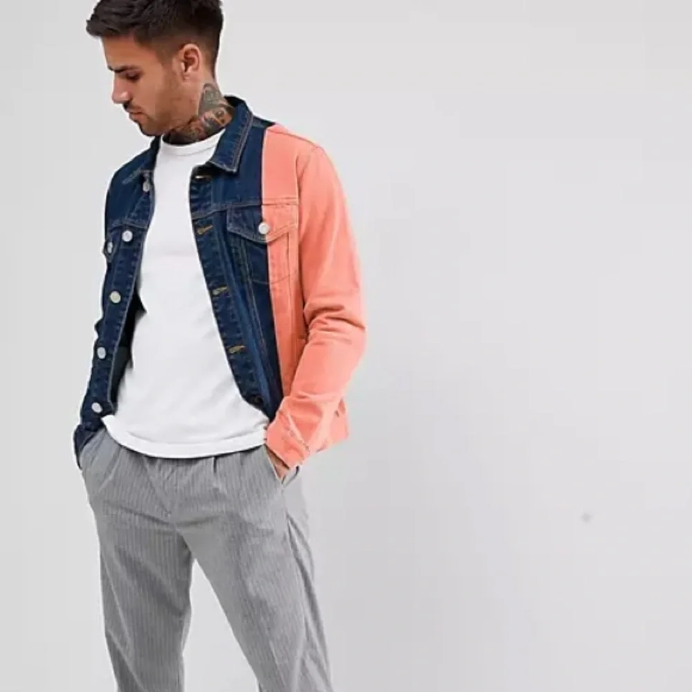 ASOS boohooMAN color block spliced denim jacket in blue wash - Picture 3 of 9